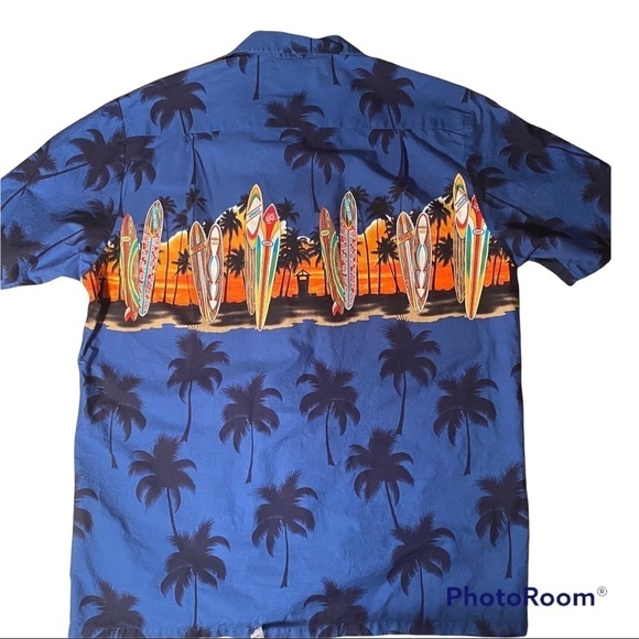 RJC blue Hawaiian surf palm tree short sleeve button down shirt chest pocket - Picture 4 of 4